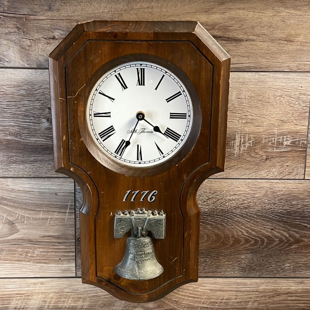 Seth Thomas Wooden Clock with 1776 Bronze Liberty Bell Replica Vintage